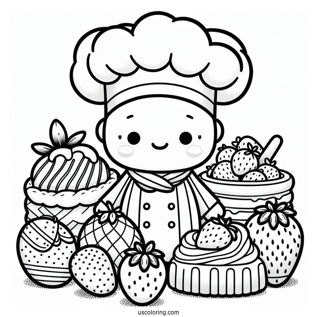 Chef Strawberry Coloring Page In Front Of Pastries