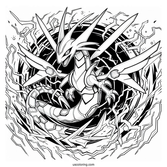 Detailed Mega Rayquaza Coloring Page Surrounded By Electricity