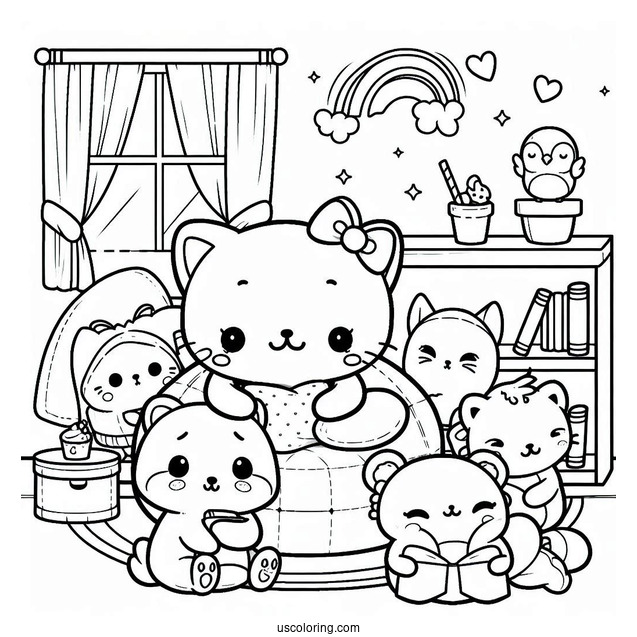 Kawaii Little Animals Resting In A Room Coloring Sheet