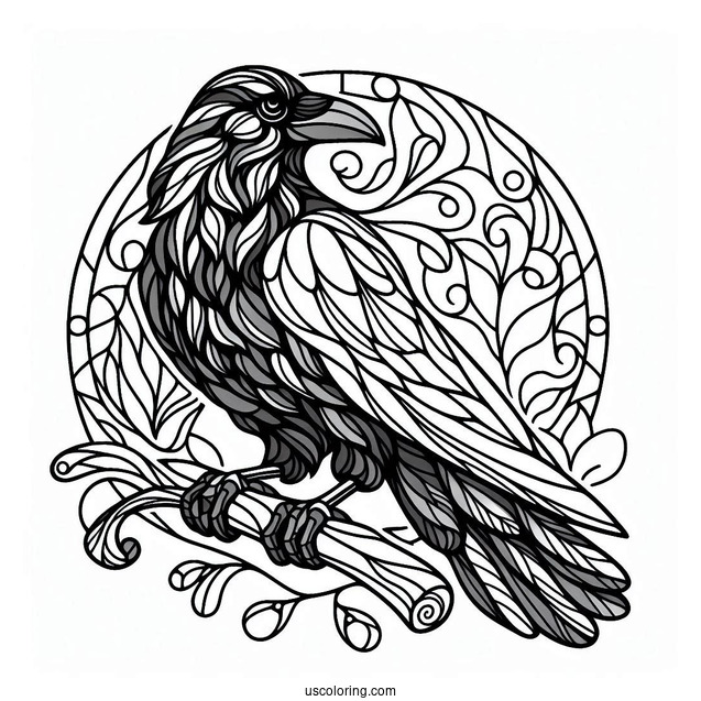 Raven Perched On A Branch Stained Glass Coloring Page For Kids