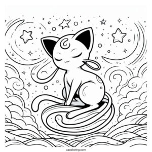 Mew Coloring Page Floating In The Sky With Stars