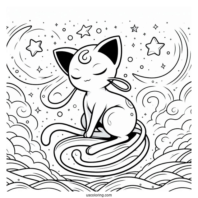 Mew Coloring Page Floating In The Sky With Stars