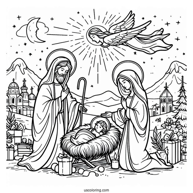 Birth Of Jesus With Virgin Mary Coloring Page
