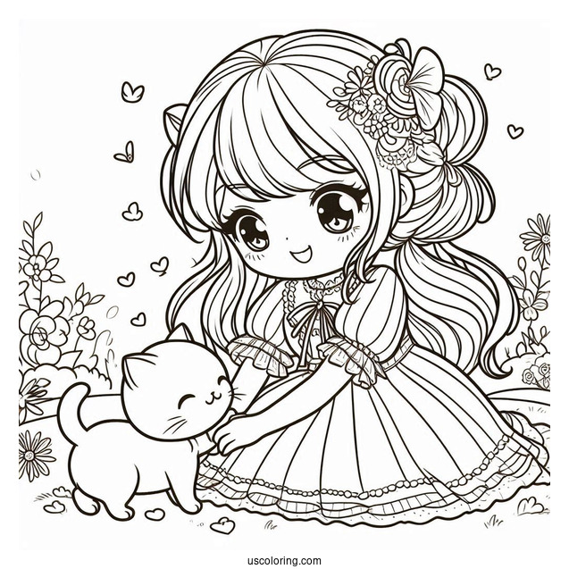 Cute Coloring Page Of Pretty Girl Playing With A Cat
