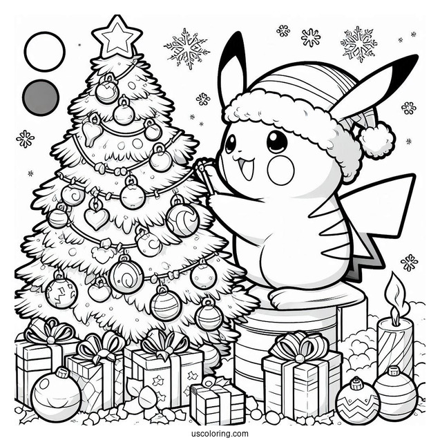 Pokemon Christmas Coloring Page Pikachu Decorating A Christmas Tree