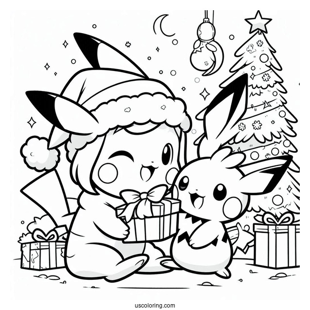 Pokemon Christmas Coloring Page Pikachu Giving Pichu A Present For Kids