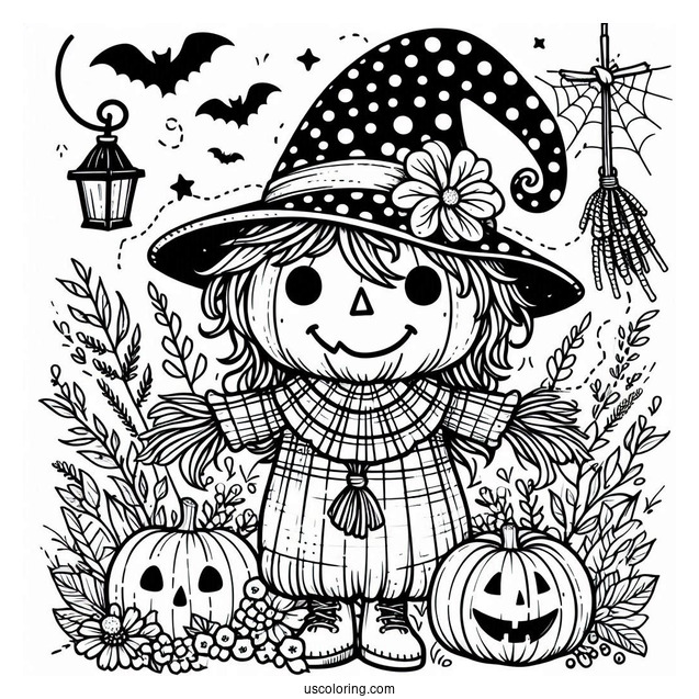 Jack O Lantern Scarecrow Coloring Page Wearing A Polka Dot Witch Hat