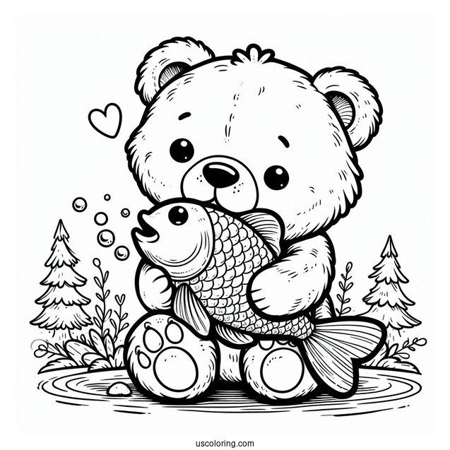 Easy Baby Bear Coloring Page Chewing On Fish