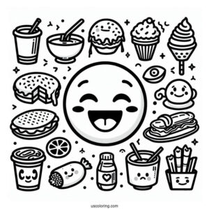 Emoji Coloring Page Varieties Of Faces, Objects, And Food