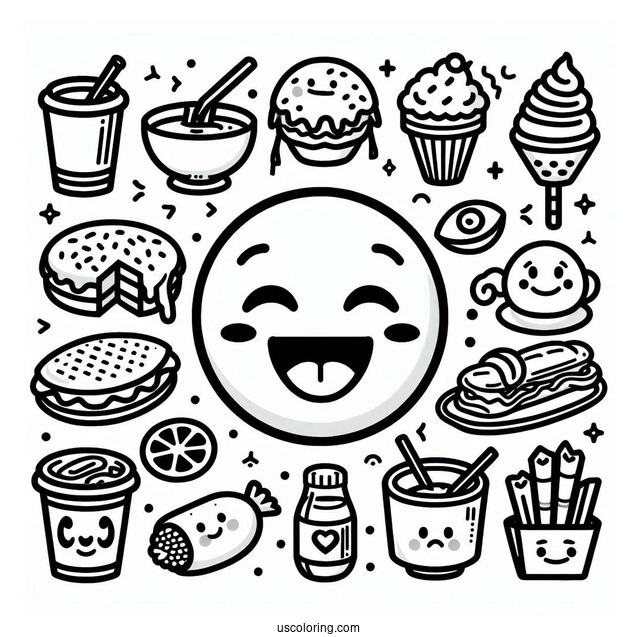 Emoji Coloring Page Varieties Of Faces, Objects, And Food