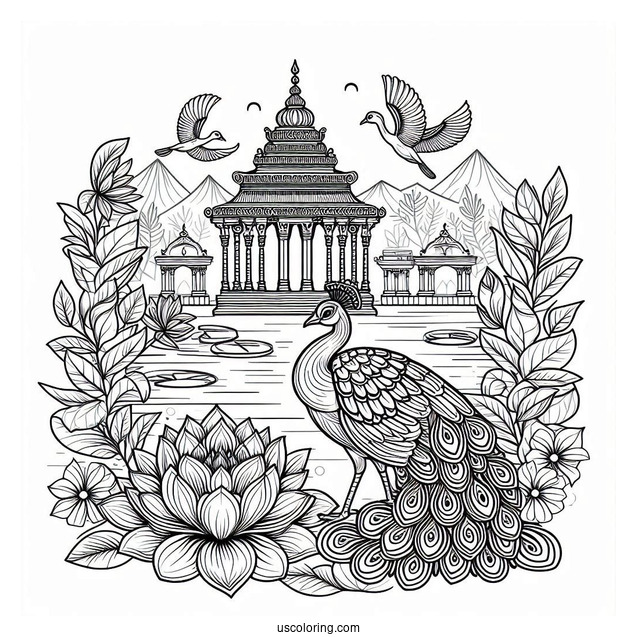 Peacock Coloring Page by Lotus Pond with Temple Background for Adults