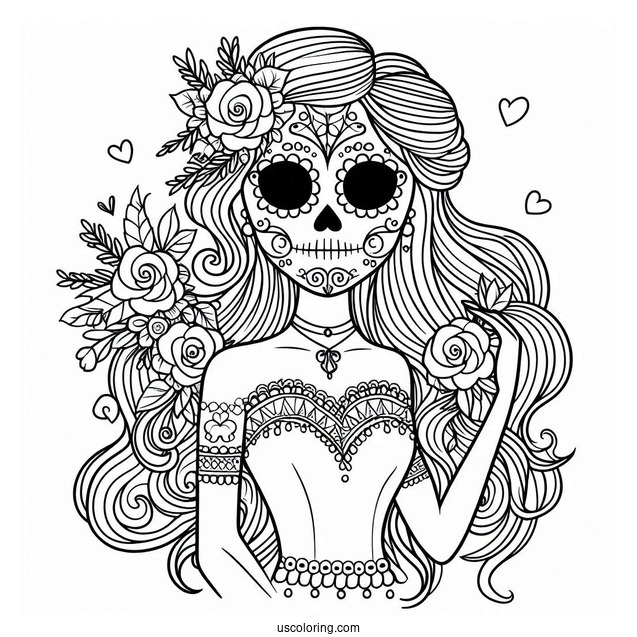 Girl In Sugar Skull Coloring Page Costume For Kids