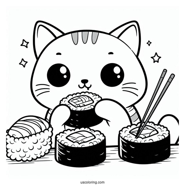 Hungry Cat Enjoying Sushi Coloring Page