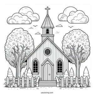 Small Church Coloring Page Surrounded By Trees For Preschoolers