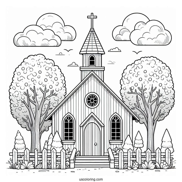 Small Church Coloring Page Surrounded By Trees For Preschoolers