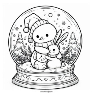 Snowman Hugging Rabbits Snow Globe Coloring Page