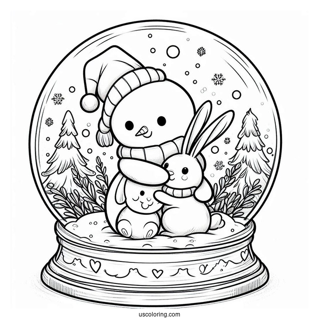 Snowman Hugging Rabbits Snow Globe Coloring Page