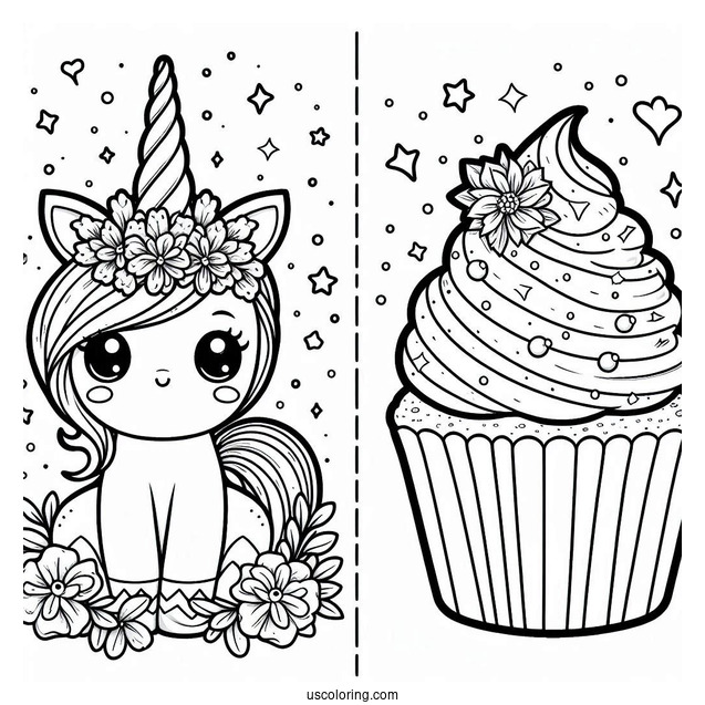 Unicorn Kawaii Cupcake Coloring Picture