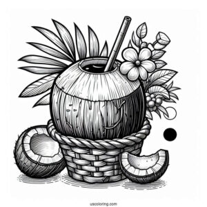 Coconut Coloring Page Juice With Straw On Top Of Fruit Baskets