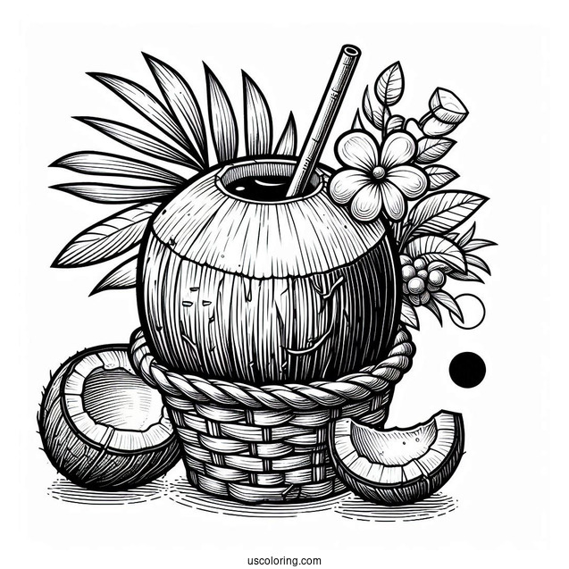 Coconut Coloring Page Juice With Straw On Top Of Fruit Baskets