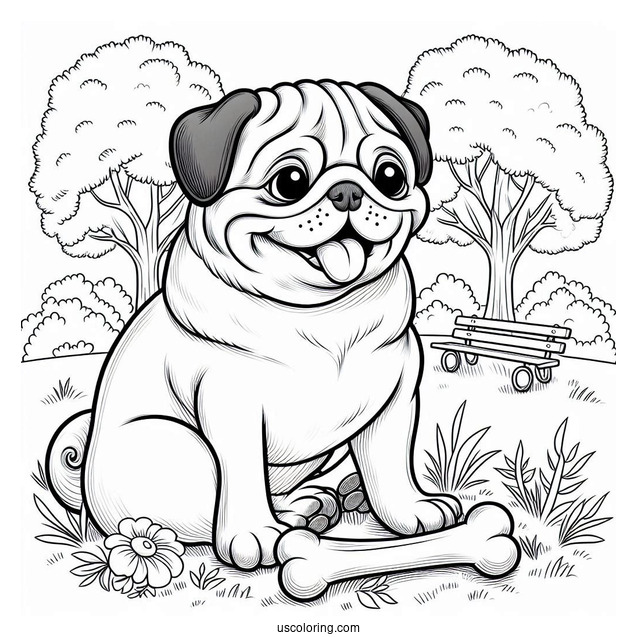 Pug In a Park With Bone To Color