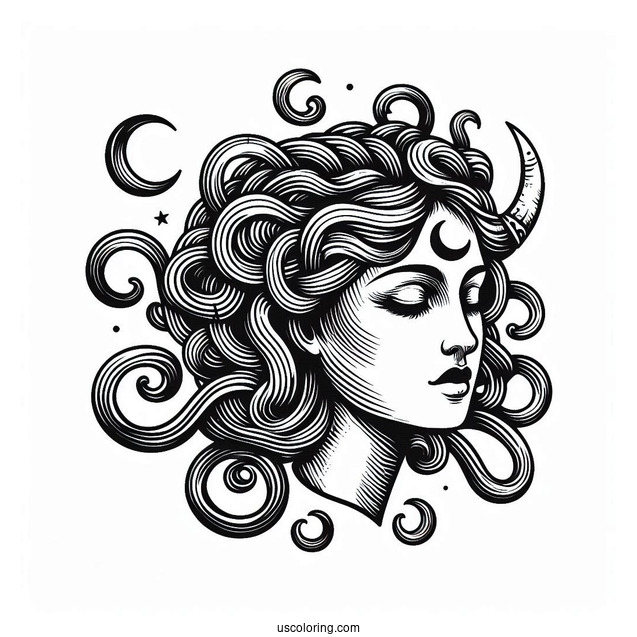 Detailed Medusa Coloring Page Head With Crescent Moon On Forehead