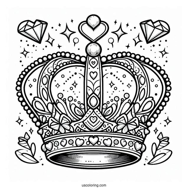 Pretty Crown Coloring Page With Heart Shaped Jewels For Kids