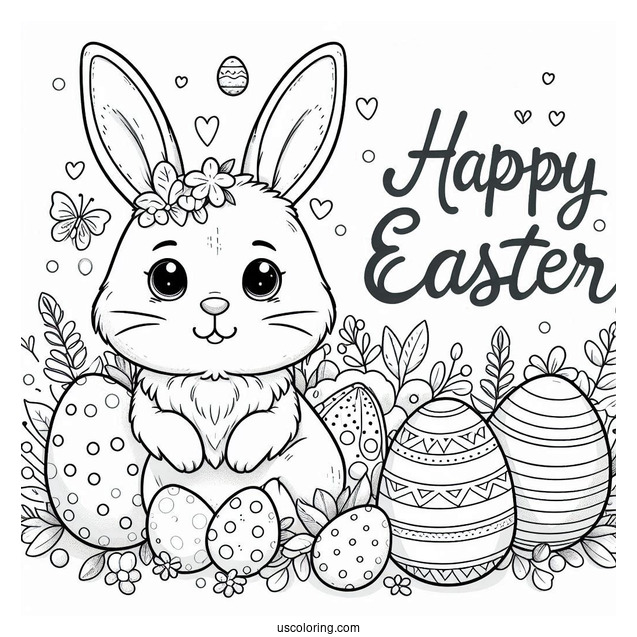 Happy Easter Greeting With Easter Bunny Coloring Page And Eggs