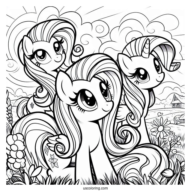 Smiling Fluttershy, Rarity, and Twilight Sparkle in Field