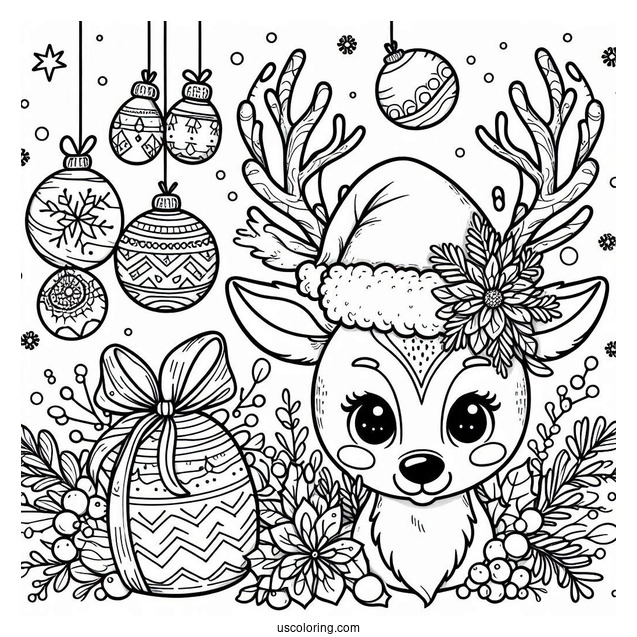 Christmas Coloring Pages For Adults Of Cute Reindeer With Christmas Baubles And Santa Hat