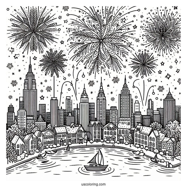 New Year Coloring Page Of Fireworks Over The City