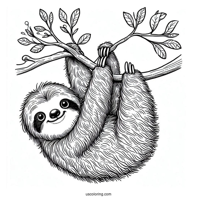 Baby Sloth Hanging From Tree Coloring Sheet