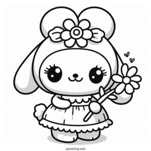 Pororo Coloring Page Of Kawaii Loopy In A Dress Holding Flower For Preschoolers