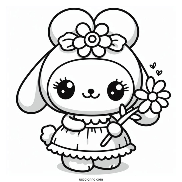 Pororo Coloring Page Of Kawaii Loopy In A Dress Holding Flower For Preschoolers
