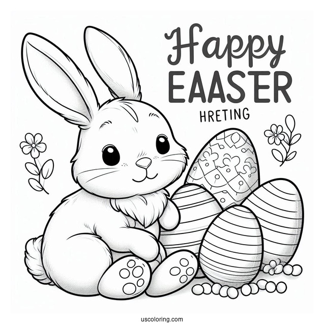 Happy Easter Greeting With Easter Bunny Coloring Page And Eggs