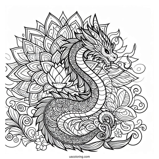 Dragon Behind A Flower Mandala Coloring Page