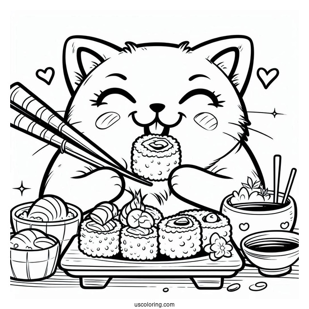 Hungry Cat Enjoying Sushi Coloring Page