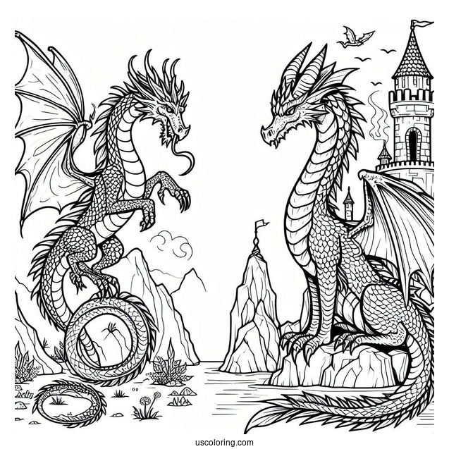 Fierce Looking Dragon Next To Castle