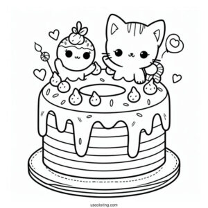 Cute Two-Layered Donut Cake With Cat Topper Coloring In