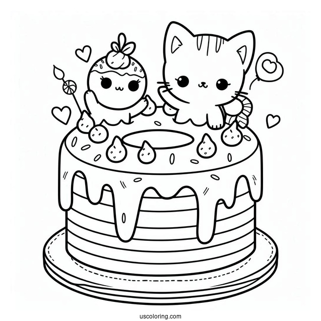 Cute Two-Layered Donut Cake With Cat Topper Coloring In