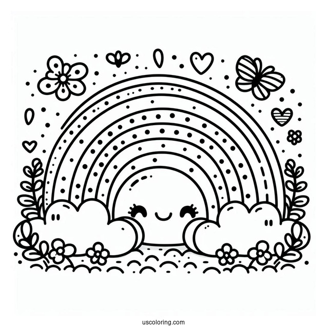 Kawaii Polka Dot Rainbow Coloring Page With Clouds, Flowers, And Butterflies For Kids