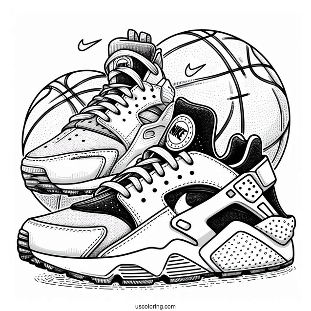 Pair Of Nike Coloring Page Of Air Huarache With Basketballs