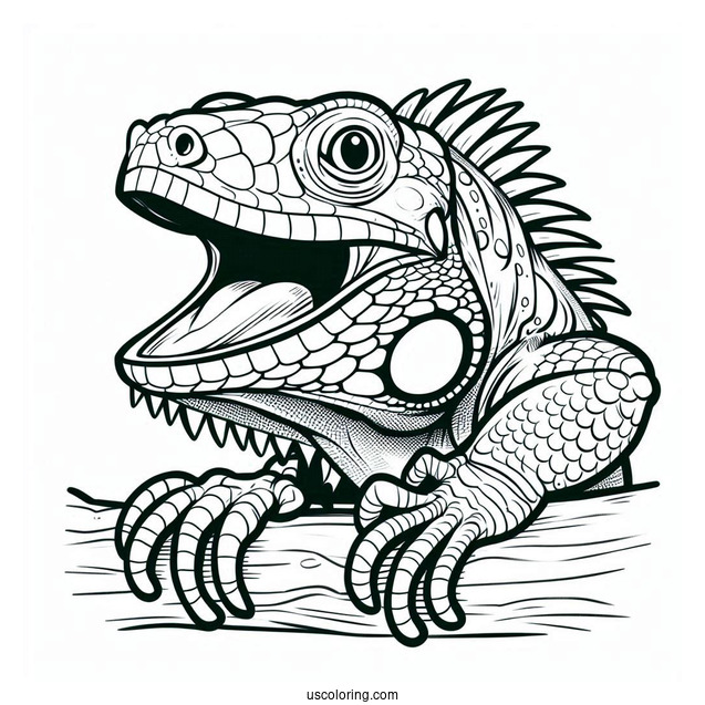 Lizard Coloring Page of Green Iguana With Mouth Open