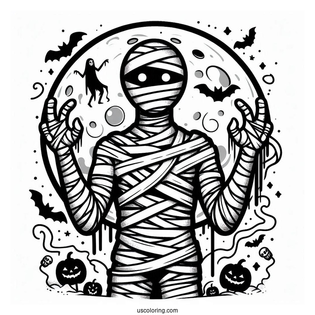 Halloween Mummy Coloring Page With Full Moon