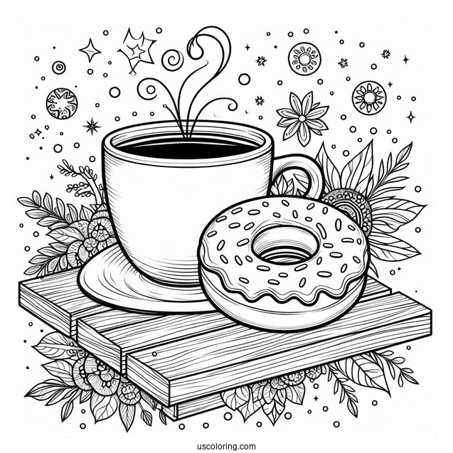 A Mug Of Coffee Sitting With A Donut Coloring Page On A Bench