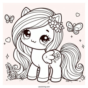 Cute Kawaii Horse With Butterfly To Color