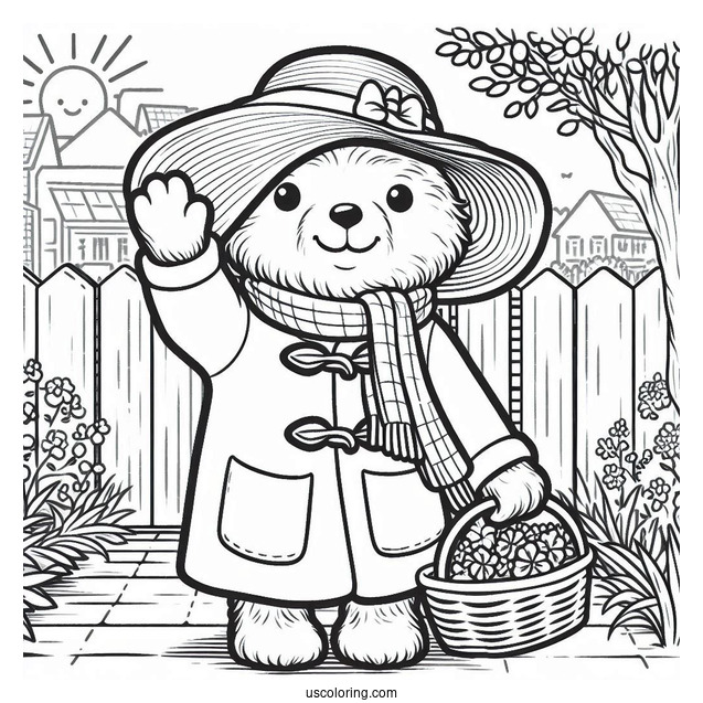 Kawaii Paddington Coloring Page Waving From A Backyard For Kids