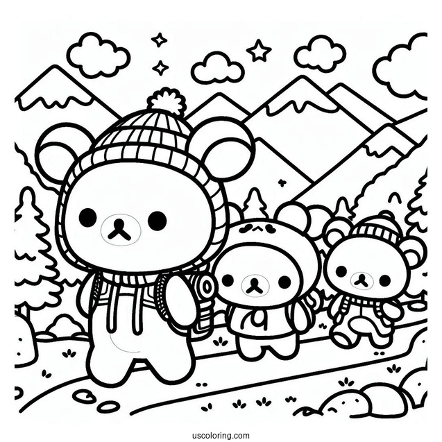 Rilakkuma Coloring Page Hiking With Kiiroitoiri, Korilakkuma, And Chairoikoguma