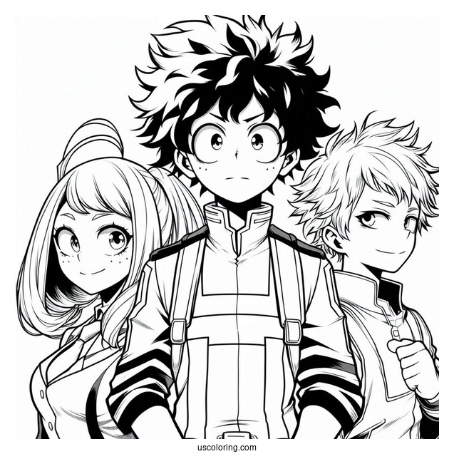 My Hero Academia Coloring Page Of Izuku, Ochako, And Shouto