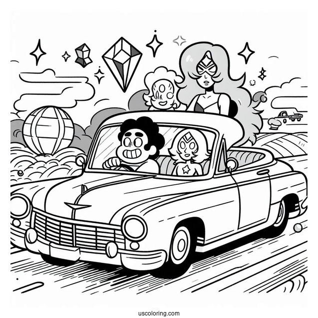 Steven Universe Coloring Page Of Driving Car With Pearl, Amethyst, Bismuth, And Garnet